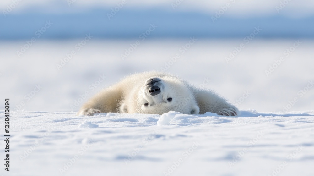 Fototapeta premium Arctic polar bear cub playing on snow, ocean background, wildlife conservation