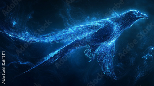Abstract artistic image of a raven, swirling dark and blue energy forming the shape of a bird in flight
