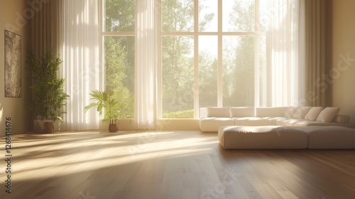 Sunlit modern living room with large window, hardwood floors, and lush green background, ideal for home design
