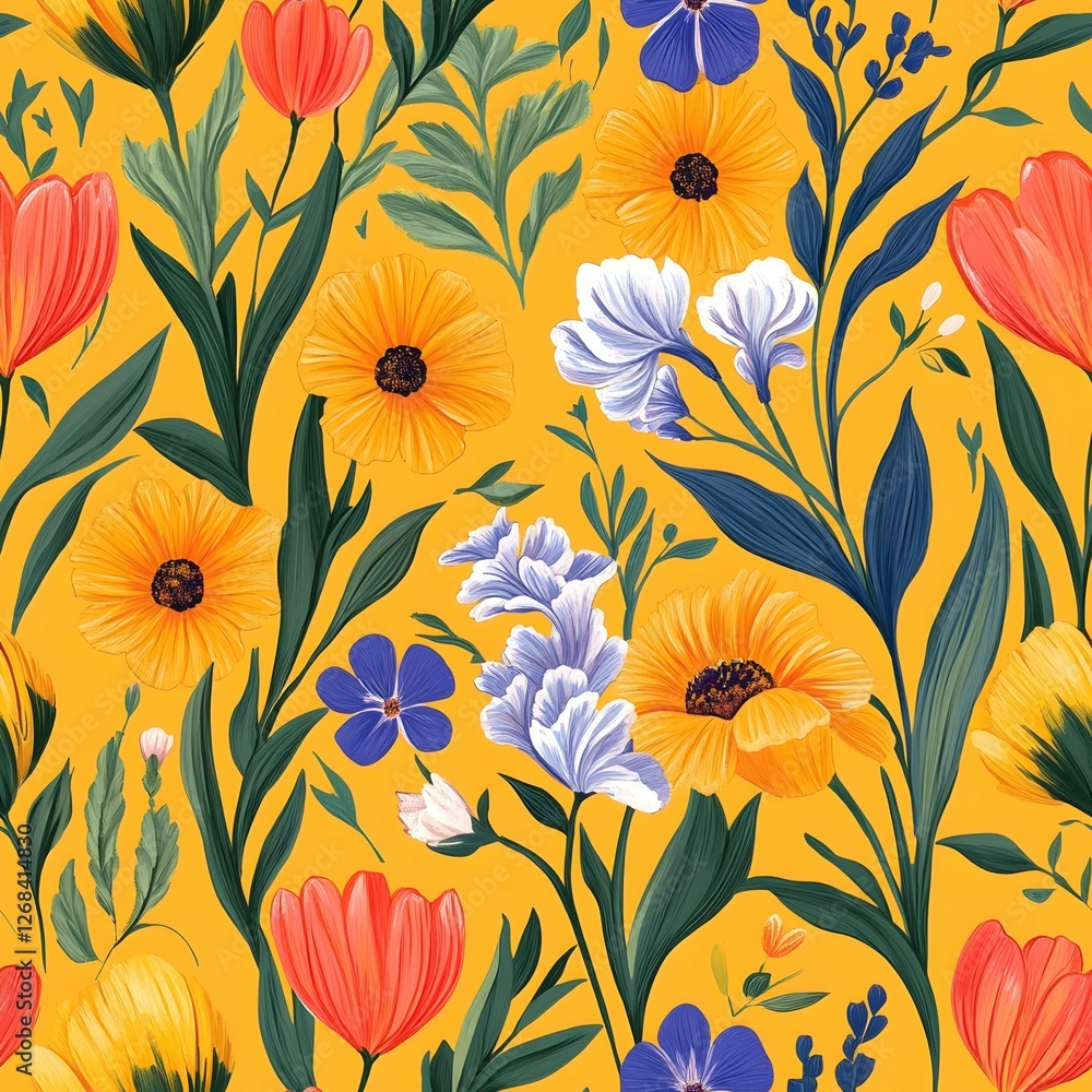 a vibrant floral pattern featuring a mix of colorful flowers and greenery. This design is perfect for creating a cheerful and lively aesthetic. It would be ideal for textile prints, wallpaper. a vibrant floral pattern featuring a mix of colorful flowers and greenery. This design is perfect for creating a cheerful and lively aesthetic. It would be ideal for textile prints, wallpaper.