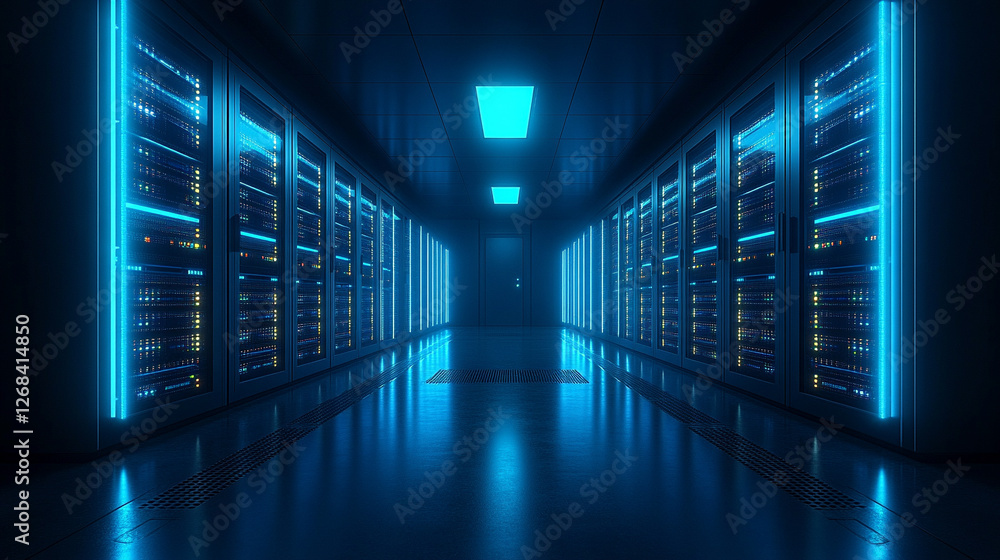 A long corridor of rows of servers in a data center, symbolizing the vast scale and power of cloud computing technology, highlighting the modern infrastructure supporting digital services A long corridor of rows of servers in a data center, symbolizing the vast scale and power of cloud computing technology, highlighting the modern infrastructure supporting digital services