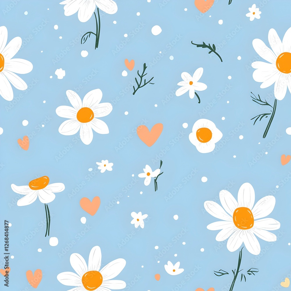 a seamless pattern of white daisies and pink hearts on a pastel blue background. The pattern is perfect for adding a touch of spring to any project a seamless pattern of white daisies and pink hearts on a pastel blue background. The pattern is perfect for adding a touch of spring to any project