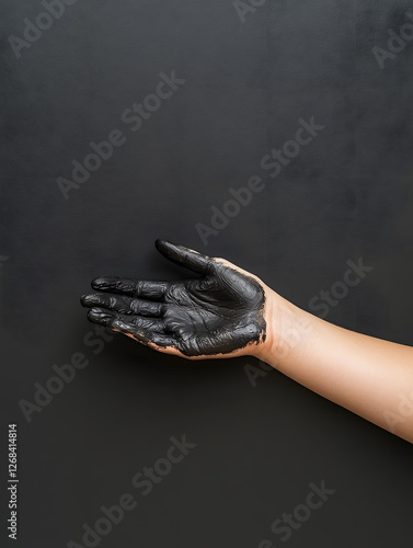 hand covered in black paint against dark background, showcasing artistic expression