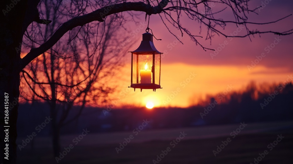 Fototapeta premium Lantern hanging from a tree branch at sunset.