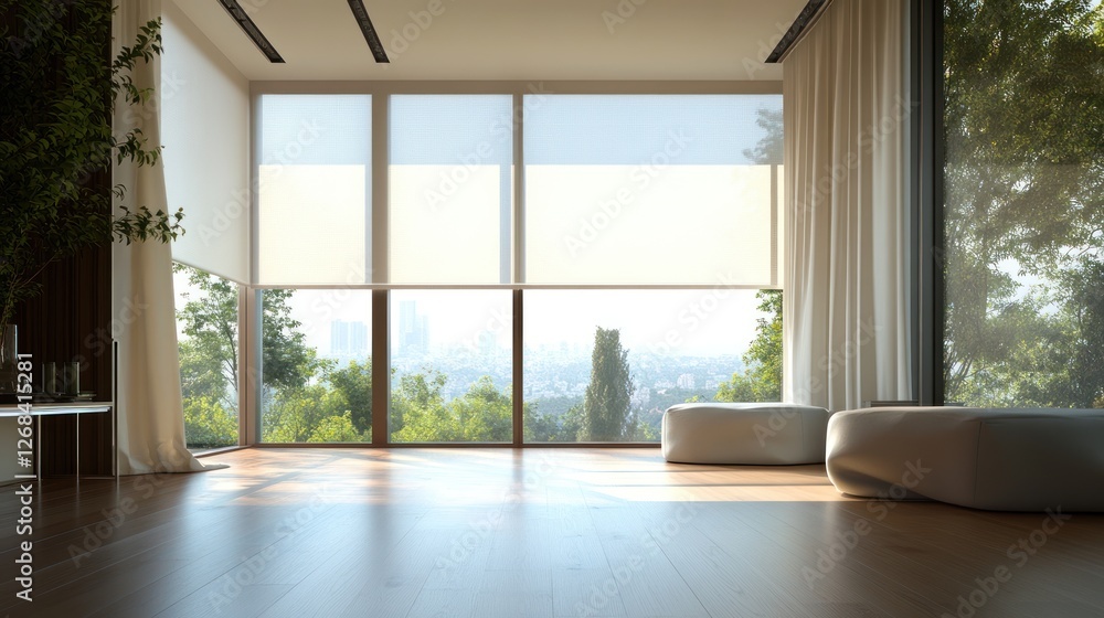 Obraz premium Serene Modern Living Room with Panoramic City and Nature Views Through Sheer Roller Blinds