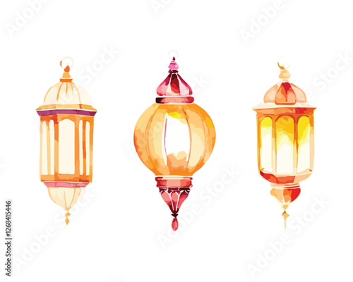 Hand-painted watercolor lantern set with colorful glass and intricate metal details for Islamic decoration  
