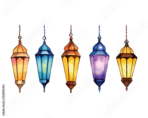 Hand-painted watercolor lantern set with colorful glass and intricate metal details for Islamic decoration  
