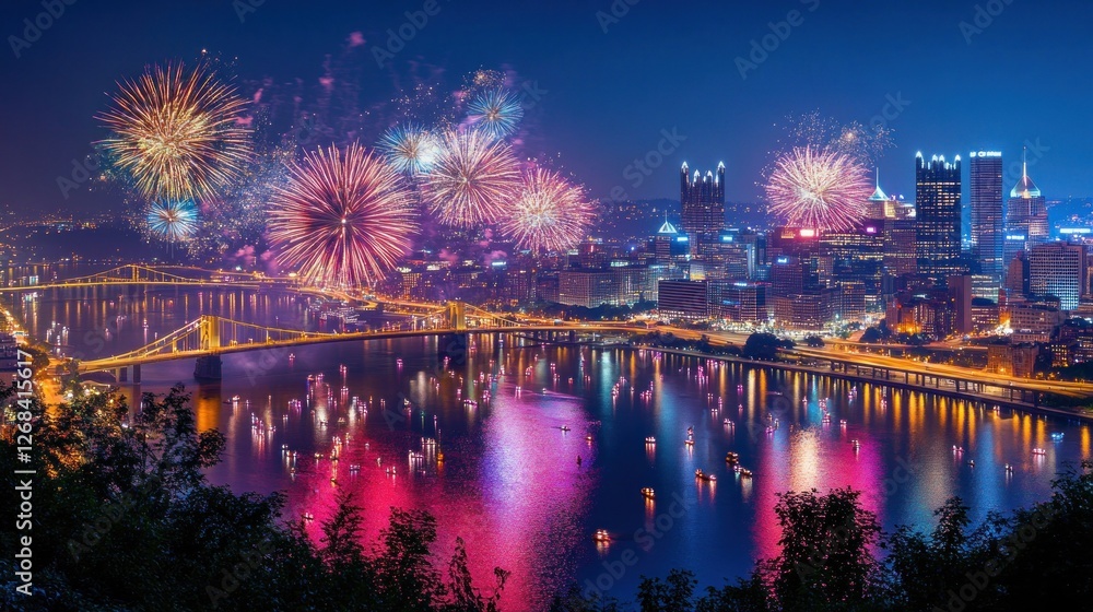 Spectacular Fireworks Display Over Pittsburgh Cityscape Spectacular Fireworks Display Over Pittsburgh Cityscape