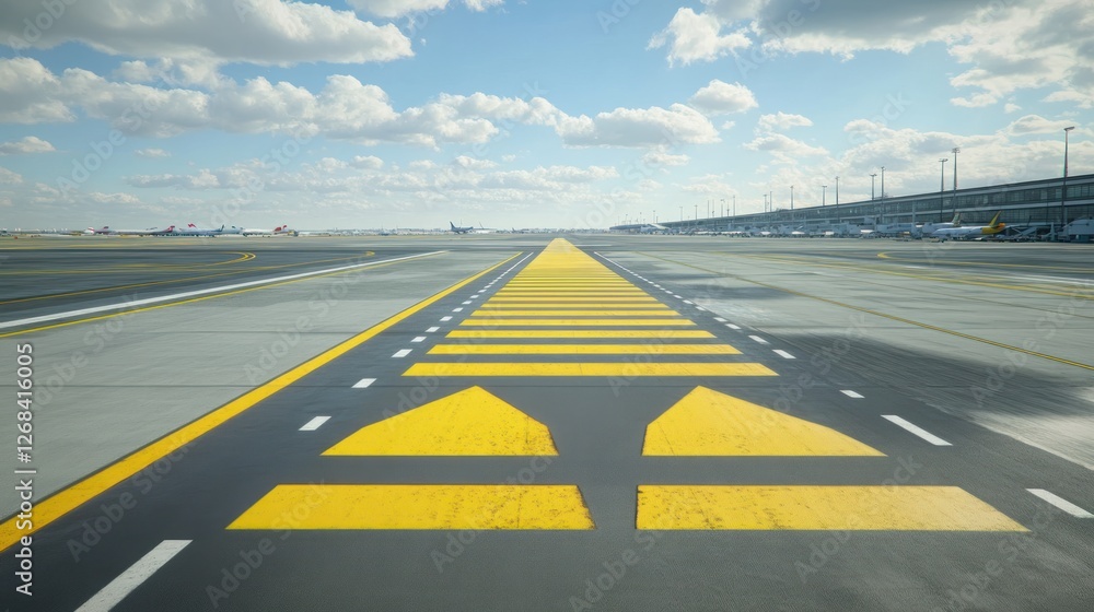 Fototapeta premium Airport Runway Perspective: Yellow Markings on a Sunny Day at an International Airport