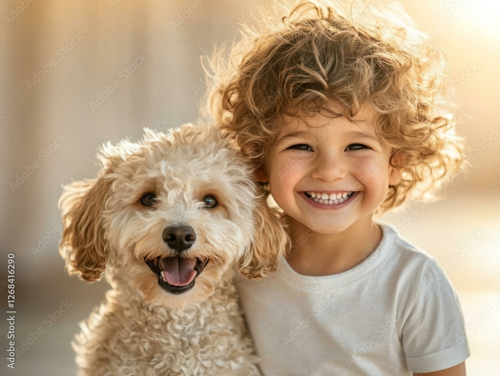 Joyful child and playful dog in warm light indoor portrait emotional bond heartwarming scene Joyful child and playful dog in warm light indoor portrait emotional bond heartwarming scene