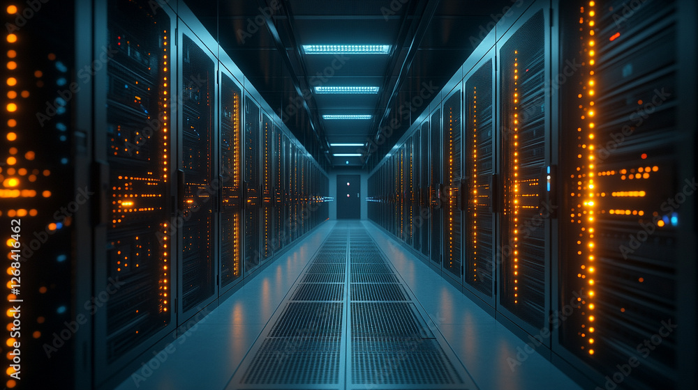 A long corridor of rows of servers in a data center, symbolizing the vast scale and power of cloud computing technology, highlighting the modern infrastructure supporting digital services A long corridor of rows of servers in a data center, symbolizing the vast scale and power of cloud computing technology, highlighting the modern infrastructure supporting digital services