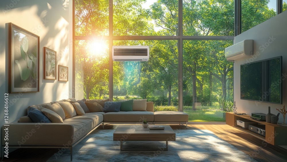 Fototapeta premium Modern Living Room with Air Conditioners and Panoramic View