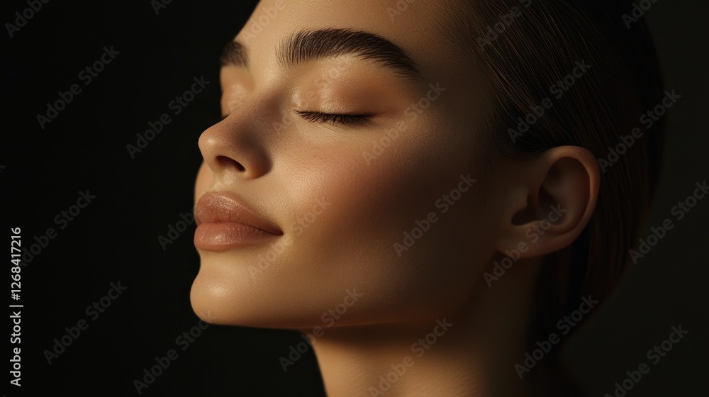 Serene woman, sunlit profile, dark studio, beauty skincare ad Serene woman, sunlit profile, dark studio, beauty skincare ad