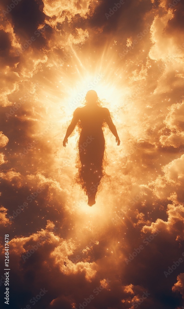 Obraz premium Ethereal silhouette ascending through radiant clouds, bathed in divine golden light