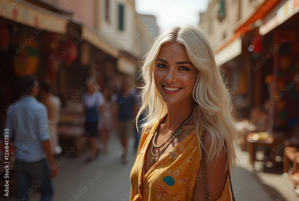 Obraz premium Digital Storyteller - Global Travel Vlogger: a vibrant scene of a modern explorer capturing diverse cultural narratives, a Caucasian non-binary individual, fair skin and long, wavy platinum hair