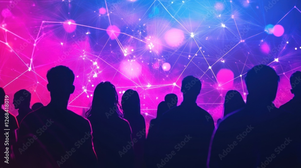 Obraz premium Silhouetted crowd gazing at vibrant network display