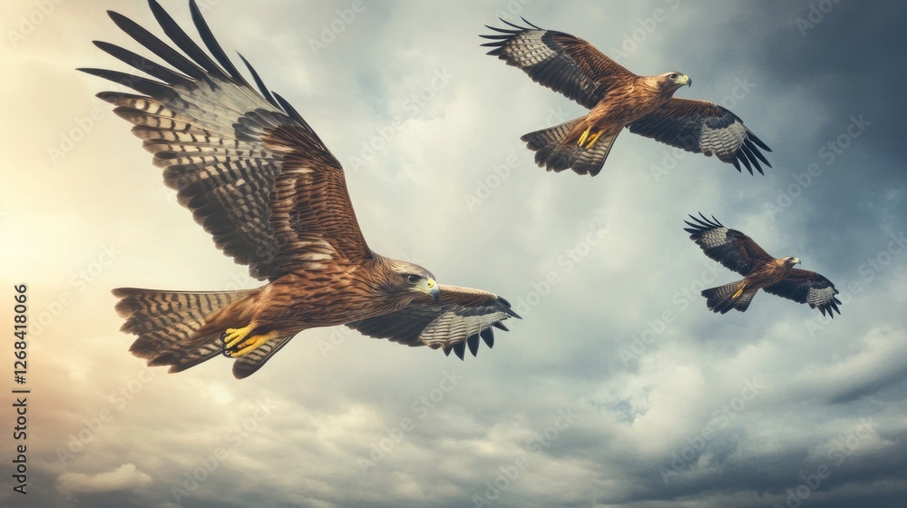 Obraz premium Majestic hawks soaring amidst dramatic sky, freedom concept