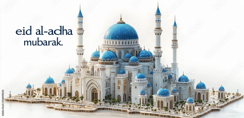 Naklejka premium Stylized 3D illustration of a vibrant mosque for Eid al-Adha, featuring calligraphy and rich architectural details, perfect for social media posts and festive greetings.