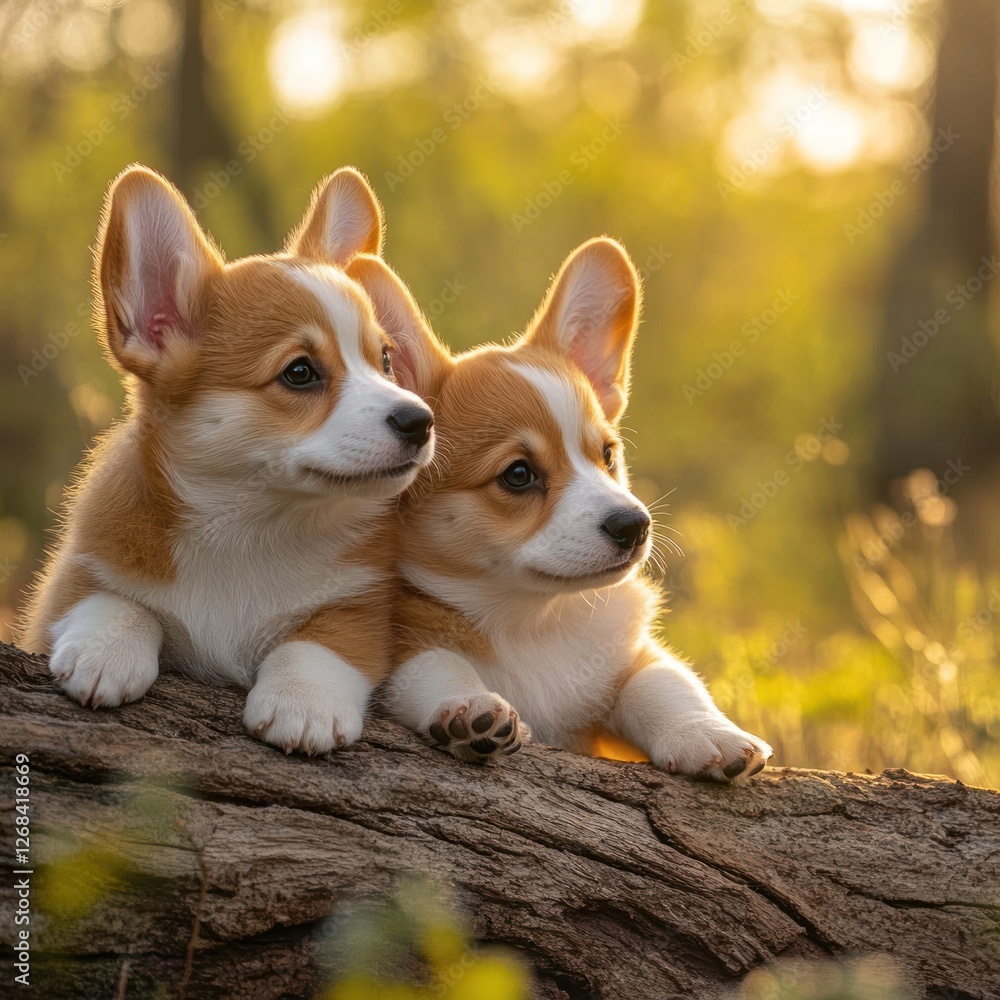 Two puppies cuddling on log, sunset forest, springtime, pet adoption Two puppies cuddling on log, sunset forest, springtime, pet adoption