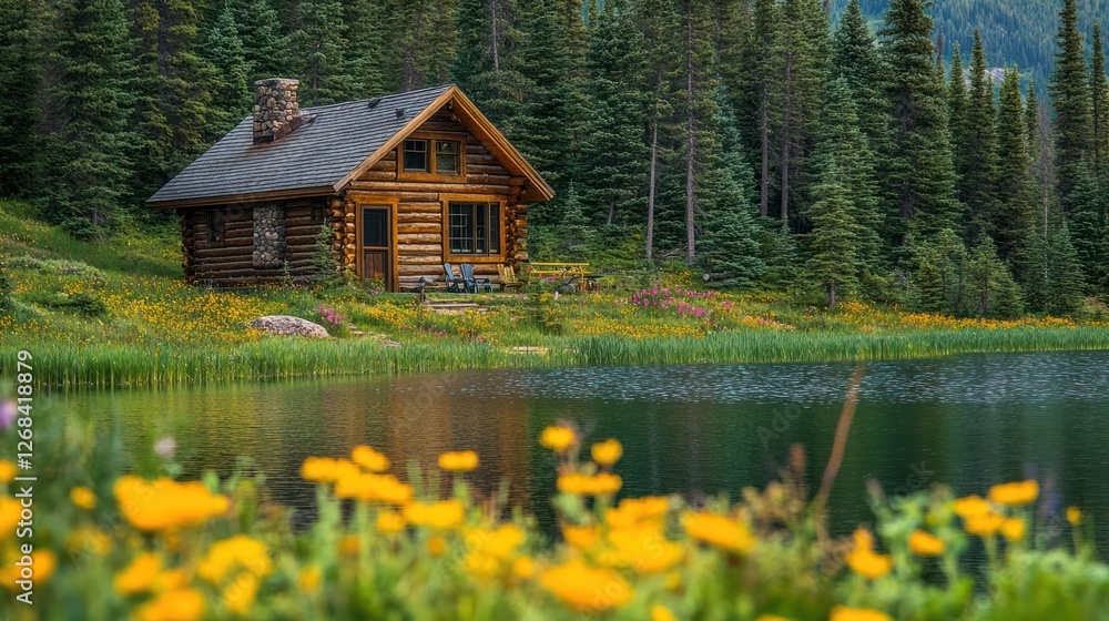 Obraz premium Secluded Log Cabin by a Serene Mountain Lake