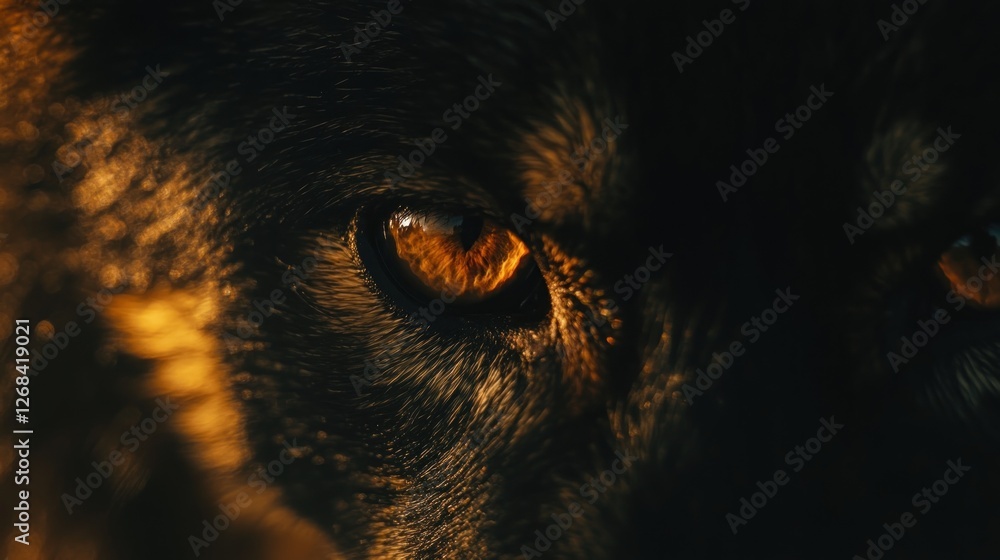 Wolf's intense eyes, sunset forest, wildlife close-up, nature documentary Wolf's intense eyes, sunset forest, wildlife close-up, nature documentary
