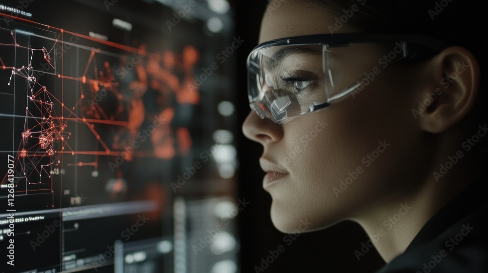 Woman analyzing data network map Woman analyzing data network map