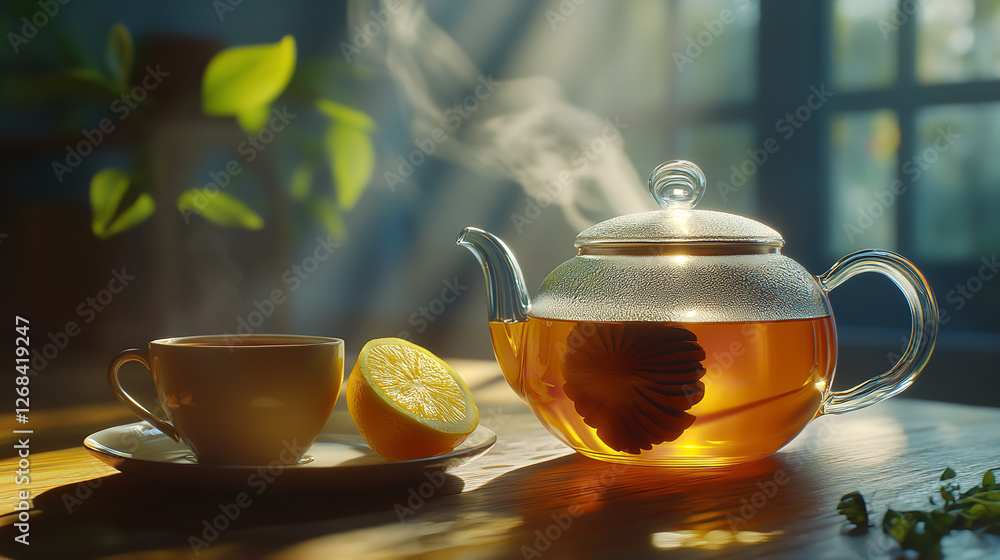 A steaming tea pot and a cup of herbal tea A steaming tea pot and a cup of herbal tea