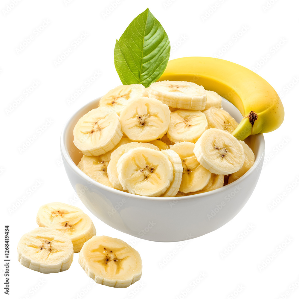 Fresh Sliced Bananas in Bowl with Leaf, Healthy Fruit Snack