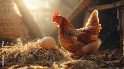 Hen laying egg sunrise farm coop photo