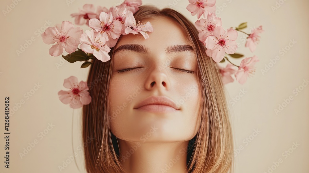 Woman, serene, flowers, beauty, spring, portrait, studio, calm, pastel background, skincare Woman, serene, flowers, beauty, spring, portrait, studio, calm, pastel background, skincare