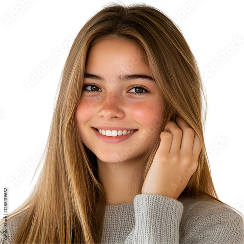 20 year old young girl smiling, one hand stroking her long straight hair, isolated on white background