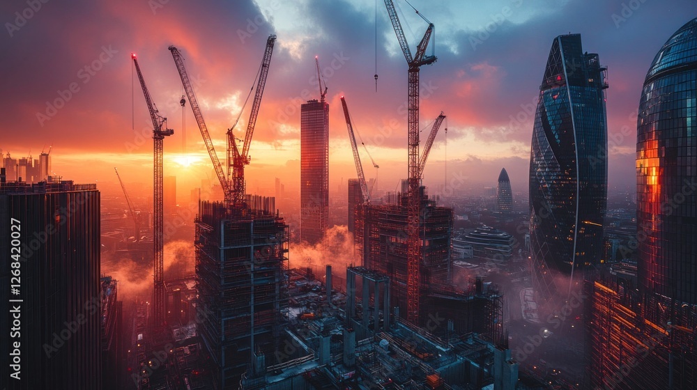Fototapeta premium Cityscape construction at sunset with cranes.