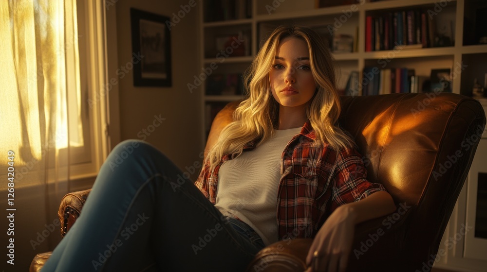 Fototapeta premium Woman relaxing in armchair, sunset light, home library background
