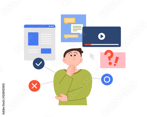 A man is trying to filter out fake news from various online sources. Cartoon style vector illustration on white background.
