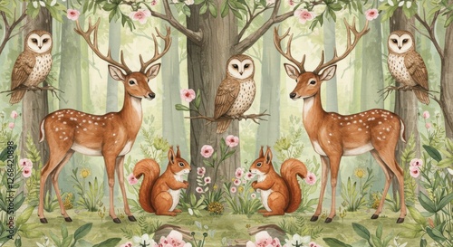 Whimsical forest scene with deer, squirrels, and owls surrounded by flowers