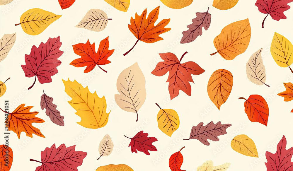 Fototapeta premium A vibrant pattern of autumn leaves in various colors on a light background.
