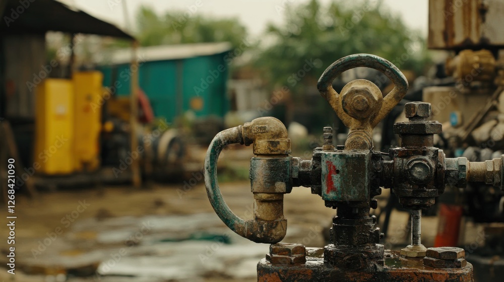 Rusty valve, outdoor machinery, rural yard, cloudy day, industrial setting, stock photo Rusty valve, outdoor machinery, rural yard, cloudy day, industrial setting, stock photo