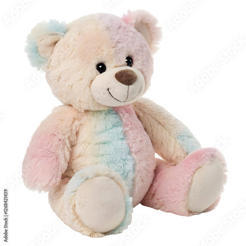 A multi-colored plush teddy bear with soft and gentle textures. Highlighting its pastel shades