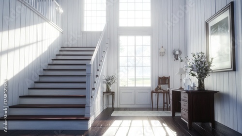 Sunlit white staircase in home entryway, wooden floors, flowers. Home decor, interior design