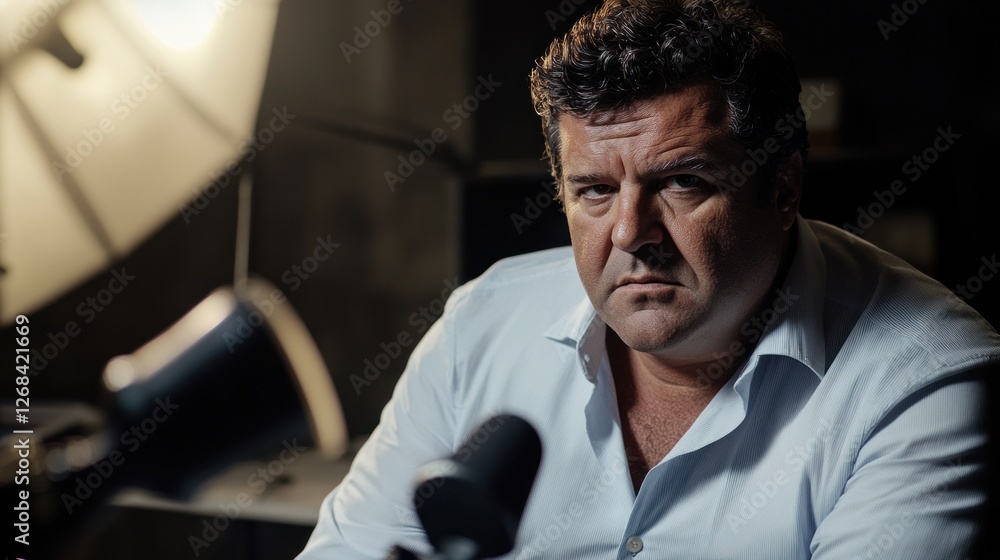 Serious man podcast interview, studio setup, dark background Serious man podcast interview, studio setup, dark background