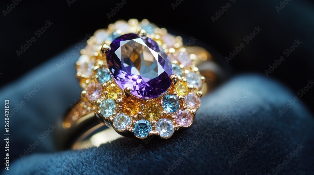 Amethyst ring, gold setting, colorful gems, velvet box, jewelry photography Amethyst ring, gold setting, colorful gems, velvet box, jewelry photography