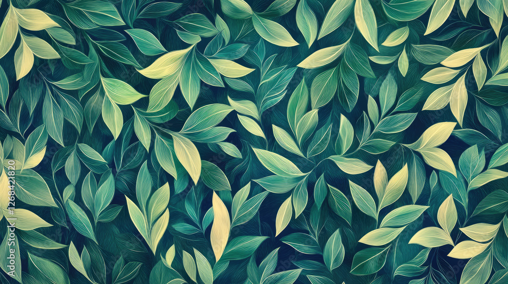 A vibrant pattern of green leaves creating a natural and calming visual effect. A vibrant pattern of green leaves creating a natural and calming visual effect.