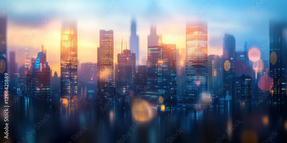 Vibrant Urban Skyline with Blurred Bokeh Lights at Twilight in a Modern Cityscape Reflecting a Dreamy Evening Atmosphere Vibrant Urban Skyline with Blurred Bokeh Lights at Twilight in a Modern Cityscape Reflecting a Dreamy Evening Atmosphere