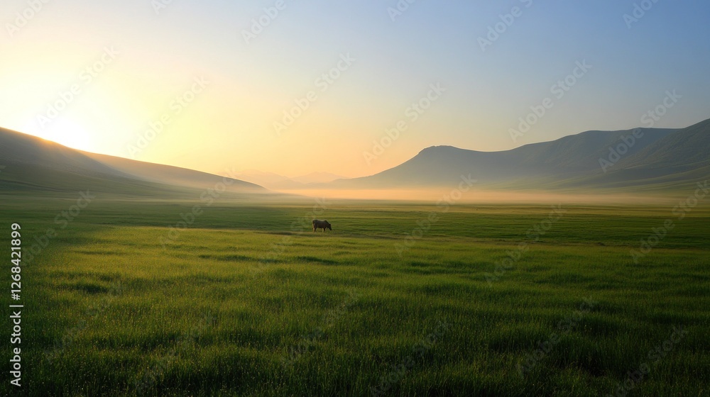 Sunrise over misty valley, lone horse grazing, peaceful landscape, ideal for travel brochures Sunrise over misty valley, lone horse grazing, peaceful landscape, ideal for travel brochures