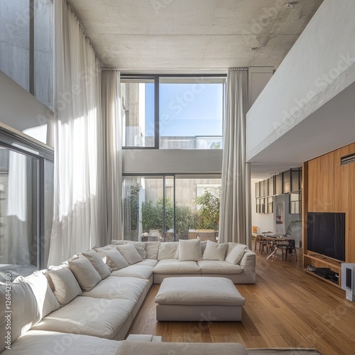 Modern living room, high ceilings, sunlight, city view, wooden floors, interior design, home decor, real estate