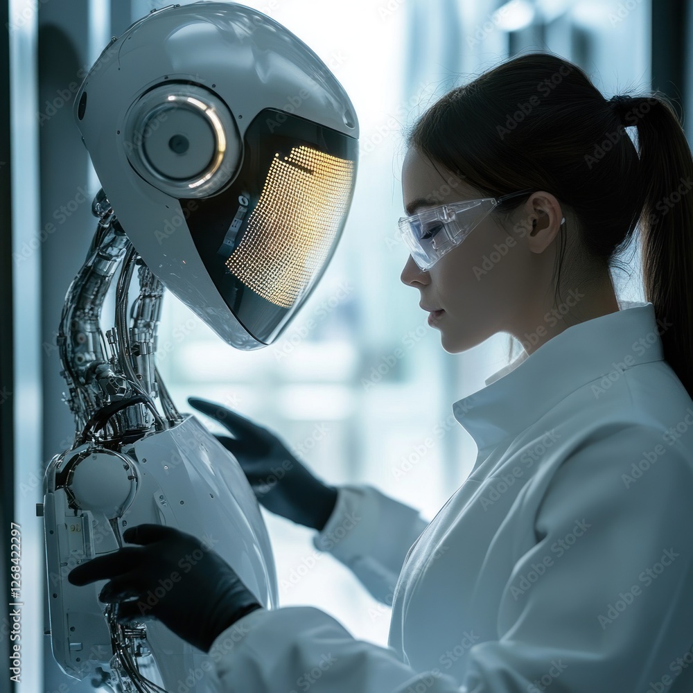 Fototapeta premium Scientist examines robot, lab, futuristic background, technology research