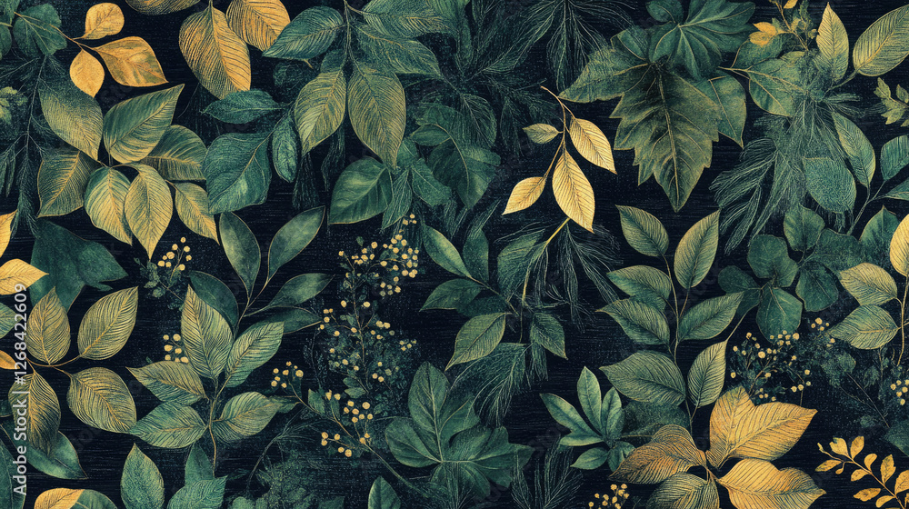 A vibrant pattern of various leaves in green and gold tones on a dark background. A vibrant pattern of various leaves in green and gold tones on a dark background.