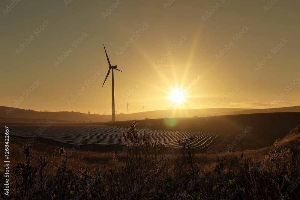 Obraz premium Sunrise over wind turbine and solar farm