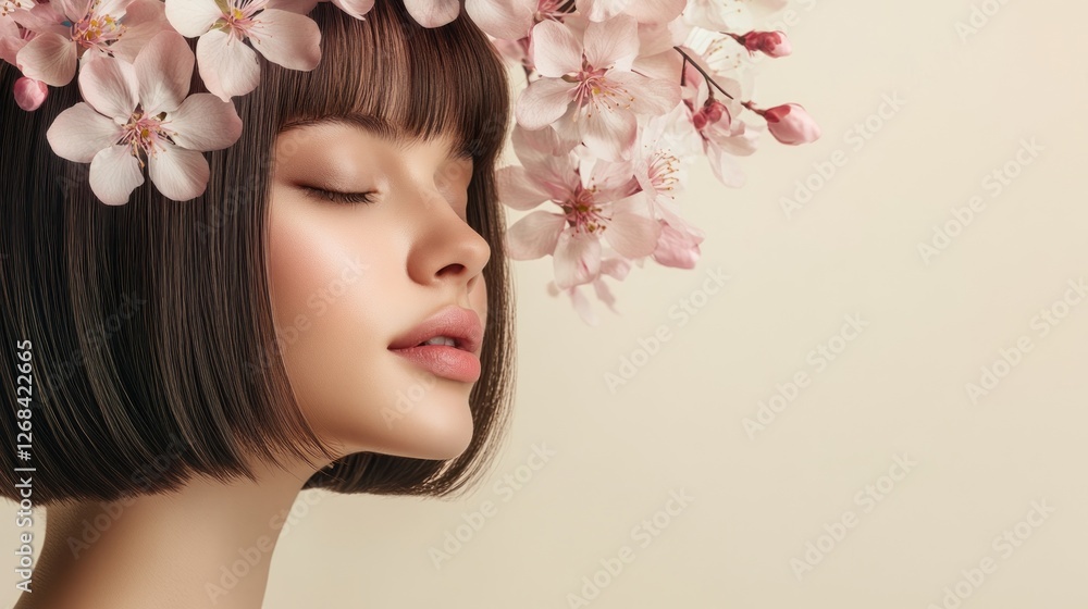 Fototapeta premium Woman, spring blossoms, serene, beauty, profile, pastel background, skincare, advertising