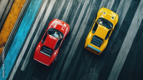 High-Angle View of Two Classic Sports Cars Racing on Asphalt Track, Red and Yellow Vehicles, Top-Down Perspective, Dynamic Race Scene